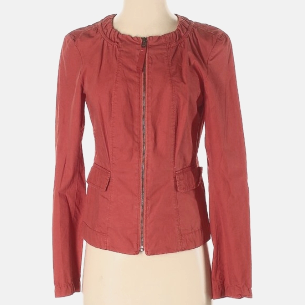 LOFT Orange Coral Red Peplum Utility Zipper Jacket Tailored Twill Ann Taylor XS